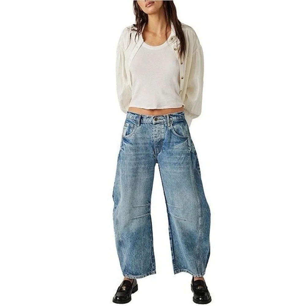 New Free People Good Luck Mid-rise Barrel Jeans Sz 25 Light Beam Jeans Distress